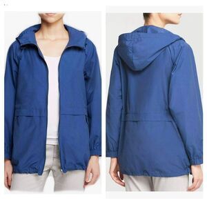 Eileen Fisher zip up Hooded Anorak Size L blue cotton‎ nylon